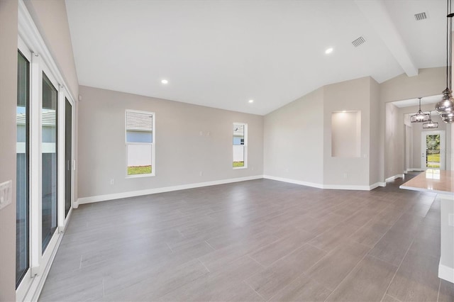 unfurnished living room with lofted ceiling with beams, a chandelier, recessed lighting, baseboards, and dark wood-style floors