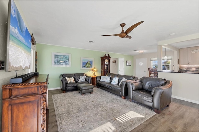 living area featuring ceiling fan, wood finished floors, and baseboards