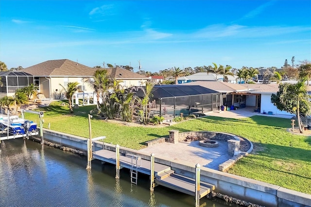 view of dock featuring a residential view, glass enclosure, a water view, and a fire pit