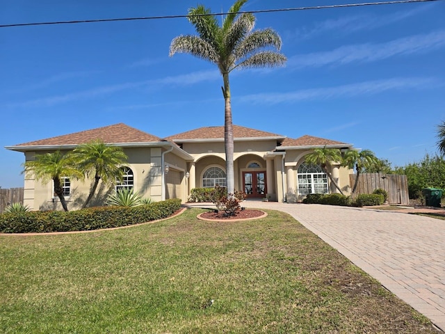 mediterranean / spanish home featuring an attached garage, french doors, decorative driveway, stucco siding, and a front yard