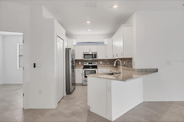 kitchen featuring decorative backsplash, white cabinets, a peninsula, stainless steel appliances, and a sink