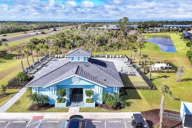 bird's eye view with a water view