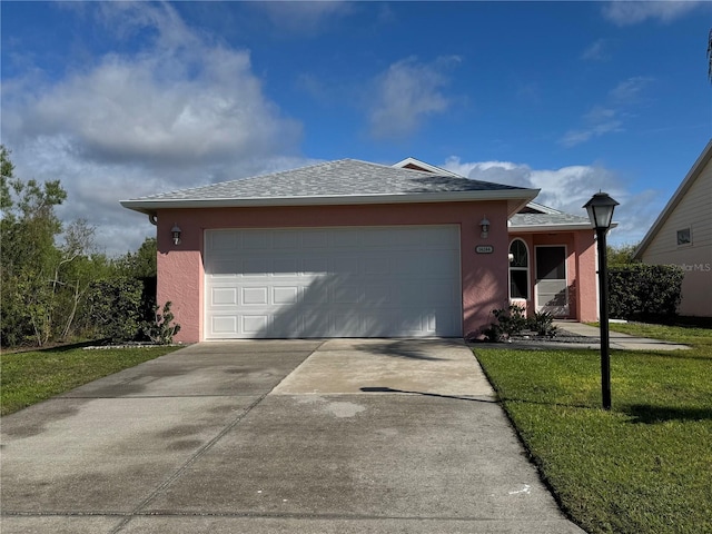 ranch-style house with an attached garage, driveway, a front yard, and stucco siding