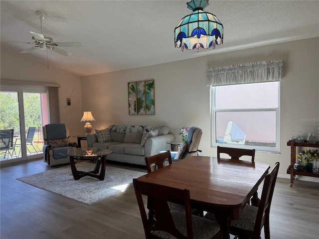 dining space featuring a textured ceiling, ceiling fan, wood finished floors, and lofted ceiling