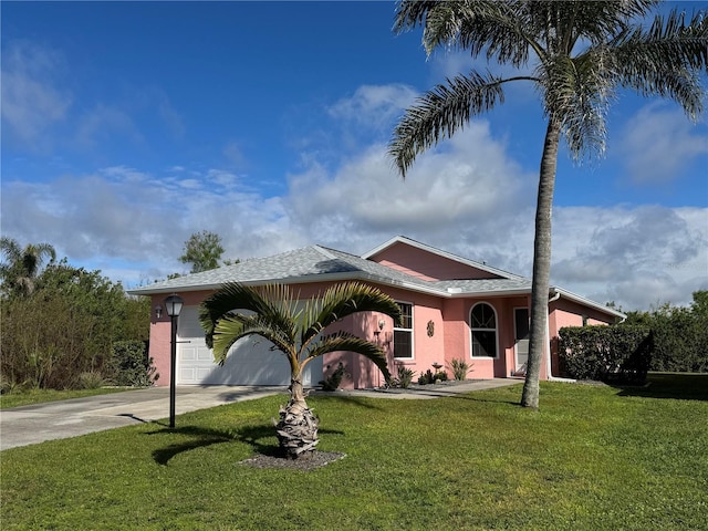 view of front of property with a garage, driveway, roof with shingles, a front yard, and stucco siding