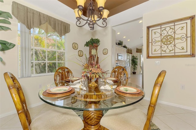 dining room with light tile patterned floors, recessed lighting, a chandelier, and baseboards