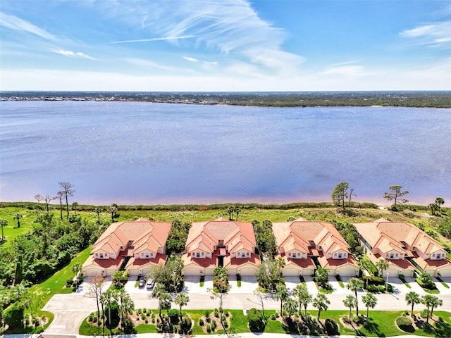 drone / aerial view with a water view and a residential view