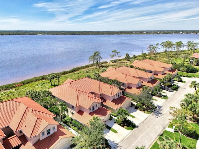 drone / aerial view with a water view and a residential view