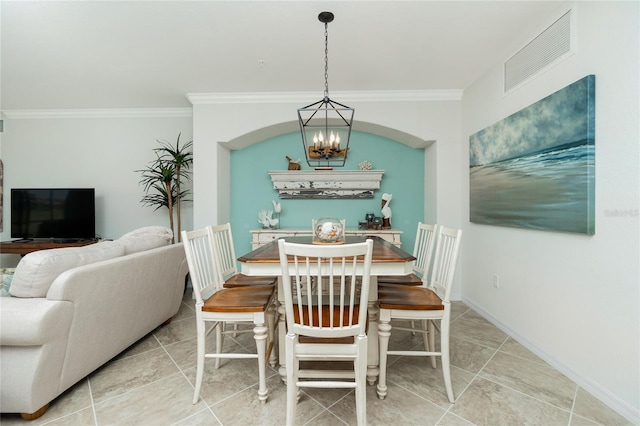 dining space with crown molding, a notable chandelier, visible vents, tile patterned flooring, and baseboards