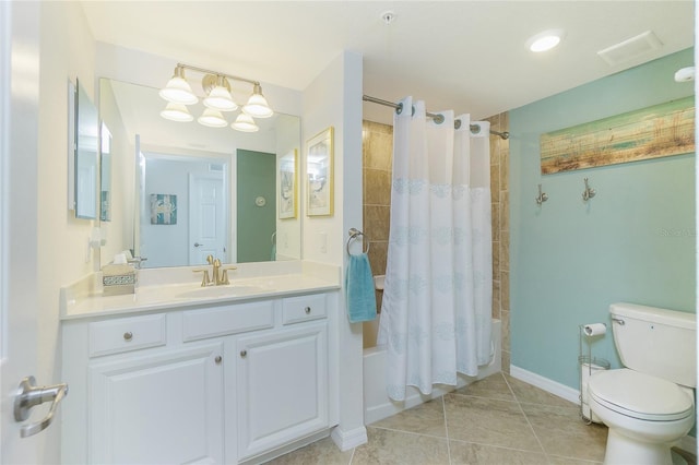 bathroom with shower / bath combo, baseboards, toilet, tile patterned floors, and vanity