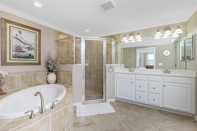 bathroom featuring ornamental molding, a stall shower, visible vents, and a sink