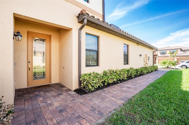 entrance to property featuring a patio, a yard, and stucco siding