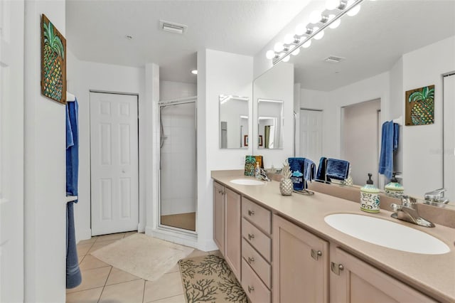 bathroom featuring a closet, visible vents, a sink, a shower stall, and tile patterned floors