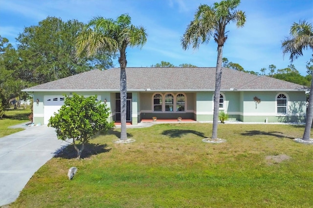 ranch-style house featuring a garage, driveway, a front yard, and stucco siding