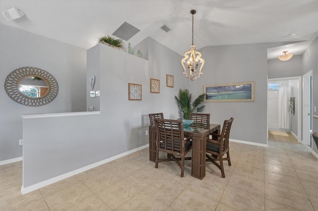 dining space with light tile patterned floors, visible vents, baseboards, lofted ceiling, and an inviting chandelier