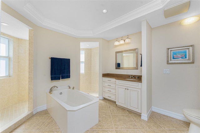 bathroom featuring a walk in shower, toilet, baseboards, ornamental molding, and a bath