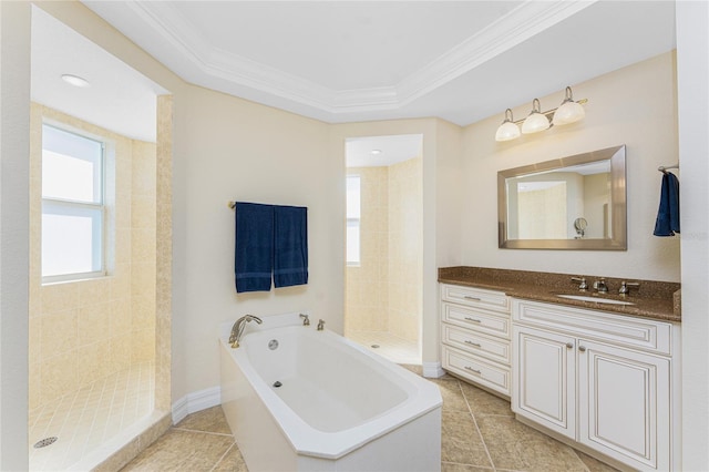 full bathroom with ornamental molding, tiled shower, vanity, and a bath