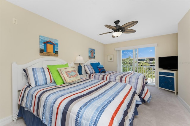 bedroom featuring light carpet, ceiling fan, and baseboards