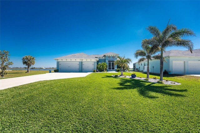 view of front of property featuring a front lawn, concrete driveway, and an attached garage