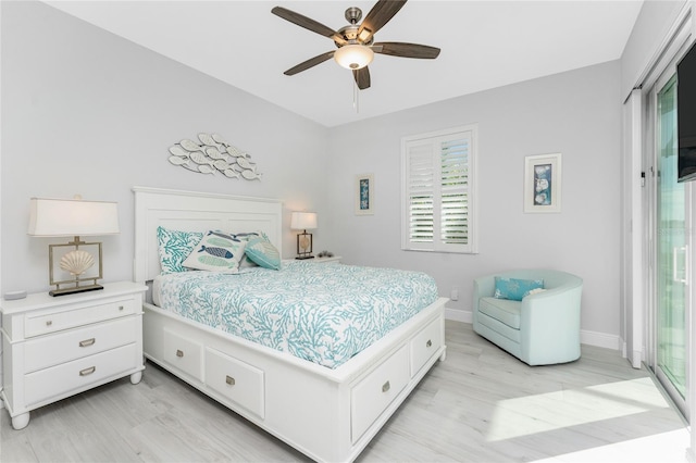 bedroom featuring light wood-type flooring, ceiling fan, and baseboards