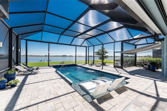 outdoor pool featuring a lanai, a water view, and a patio