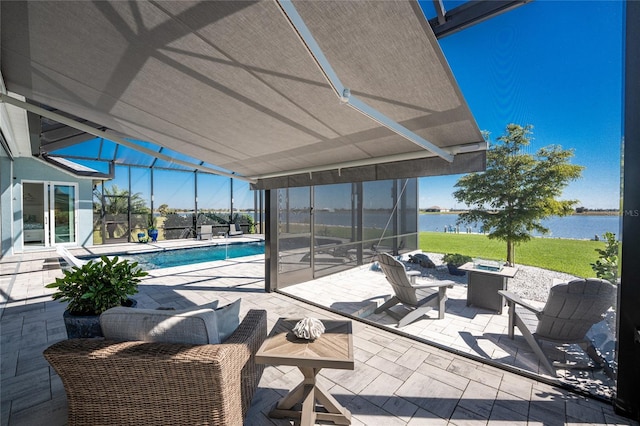 view of patio / terrace with glass enclosure, an outdoor fire pit, a water view, and an outdoor pool