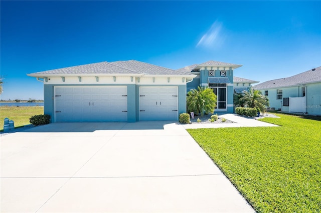 view of front of property featuring driveway, a front lawn, an attached garage, and stucco siding