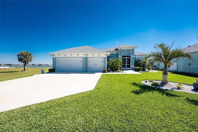 view of front of property with concrete driveway, an attached garage, a front lawn, and stucco siding