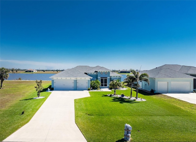 view of front of house featuring a water view, a garage, a front lawn, and concrete driveway