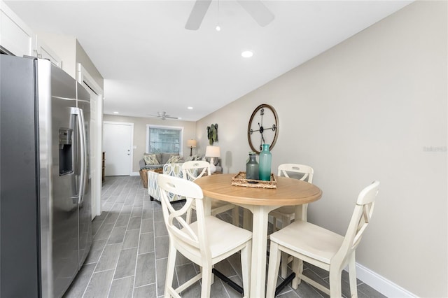 dining area featuring recessed lighting, wood finish floors, ceiling fan, and baseboards