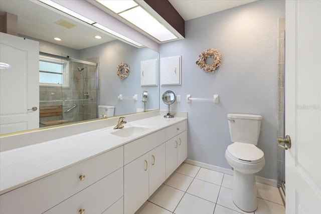 full bathroom with visible vents, baseboards, toilet, tile patterned floors, and a shower stall