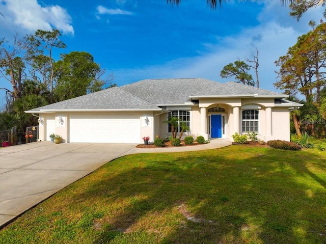 ranch-style home featuring an attached garage, a front lawn, concrete driveway, and stucco siding