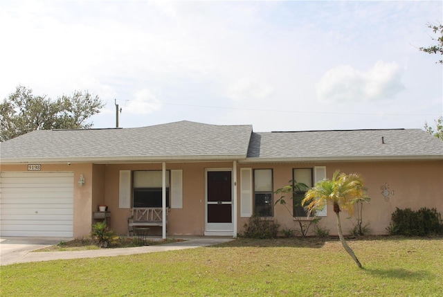 single story home featuring a garage, a front yard, a shingled roof, and stucco siding