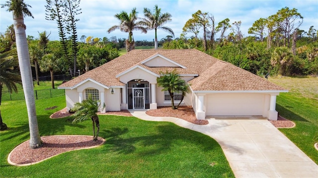 view of front of home with a garage, a shingled roof, concrete driveway, stucco siding, and a front yard