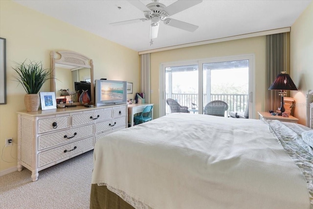 bedroom featuring access to exterior, ceiling fan, baseboards, and carpet flooring