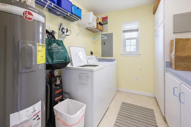 laundry room with light tile patterned floors, electric water heater, laundry area, electric panel, and independent washer and dryer