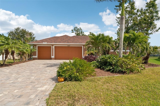 view of front facade featuring a front yard, decorative driveway, an attached garage, and stucco siding