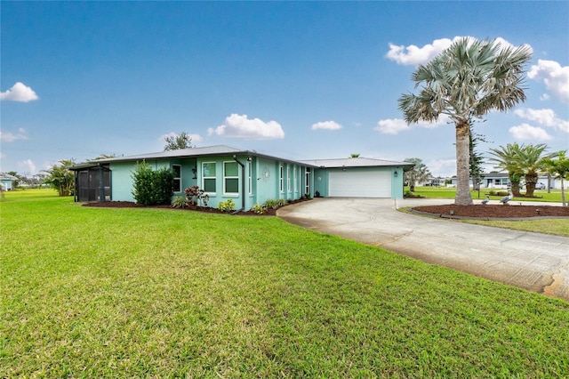 ranch-style house with an attached garage, stucco siding, concrete driveway, and a front yard