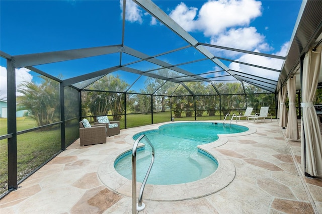 pool with a patio area and glass enclosure