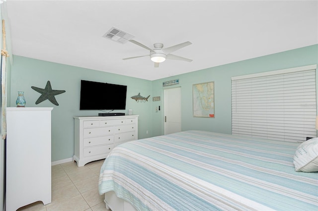 bedroom with light tile patterned floors, visible vents, and a ceiling fan