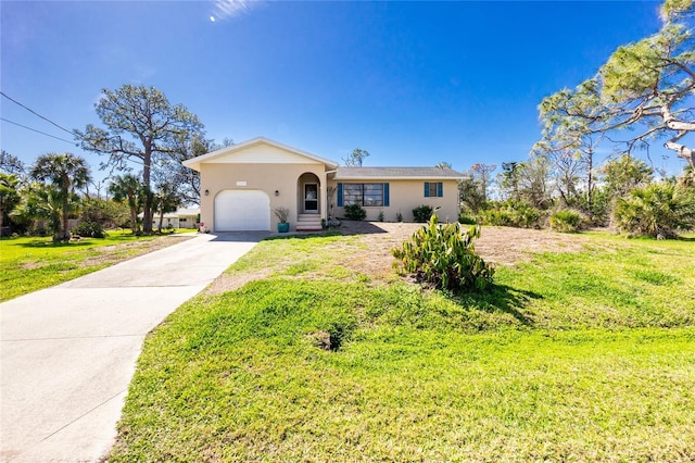 ranch-style house with an attached garage, concrete driveway, a front yard, and stucco siding