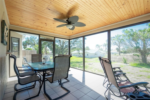 sunroom with wooden ceiling and a ceiling fan