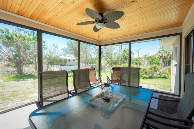 sunroom with wooden ceiling and ceiling fan