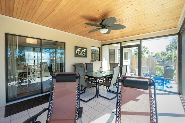 sunroom with wooden ceiling and ceiling fan