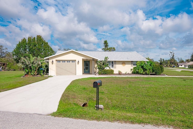 ranch-style house with a garage, a front yard, and driveway