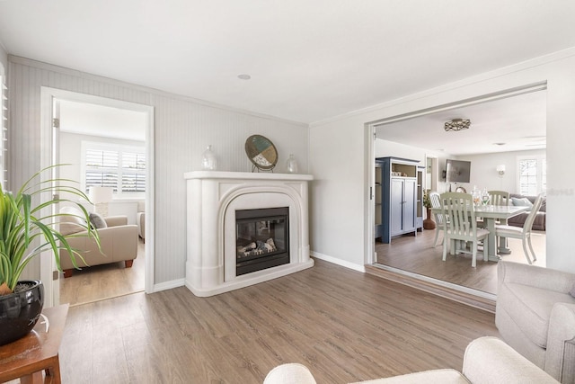 living area featuring a healthy amount of sunlight, baseboards, wood finished floors, and a glass covered fireplace