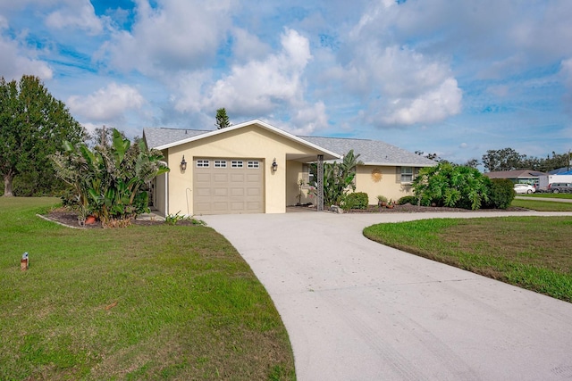 single story home with an attached garage, driveway, a front lawn, and stucco siding