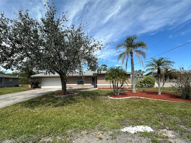 ranch-style home featuring a garage, driveway, a front lawn, and stucco siding