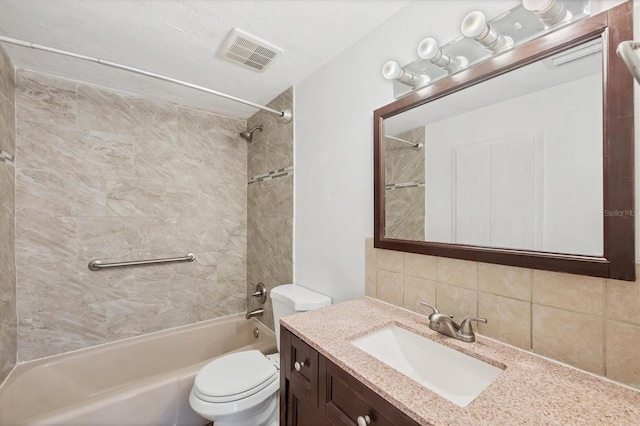 full bathroom featuring visible vents, toilet, shower / tub combination, vanity, and backsplash