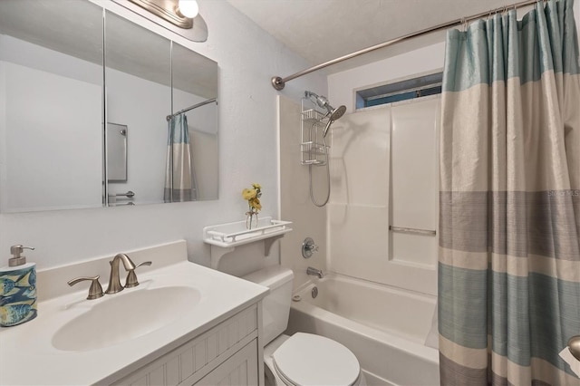 bathroom featuring shower / bath combination with curtain, vanity, and toilet